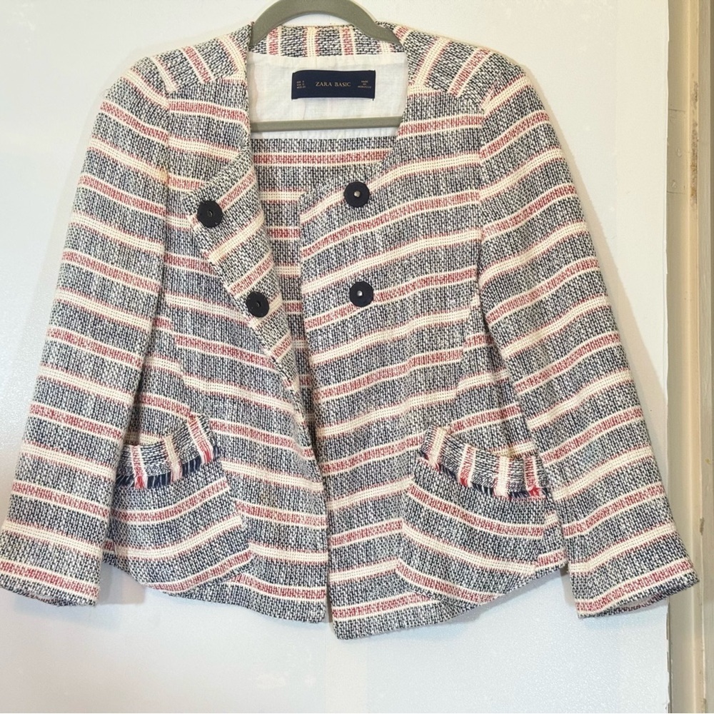 Zara Basic Navy Blue Ivory Red Striped Tweed Fringe Trim Jacket Size Small